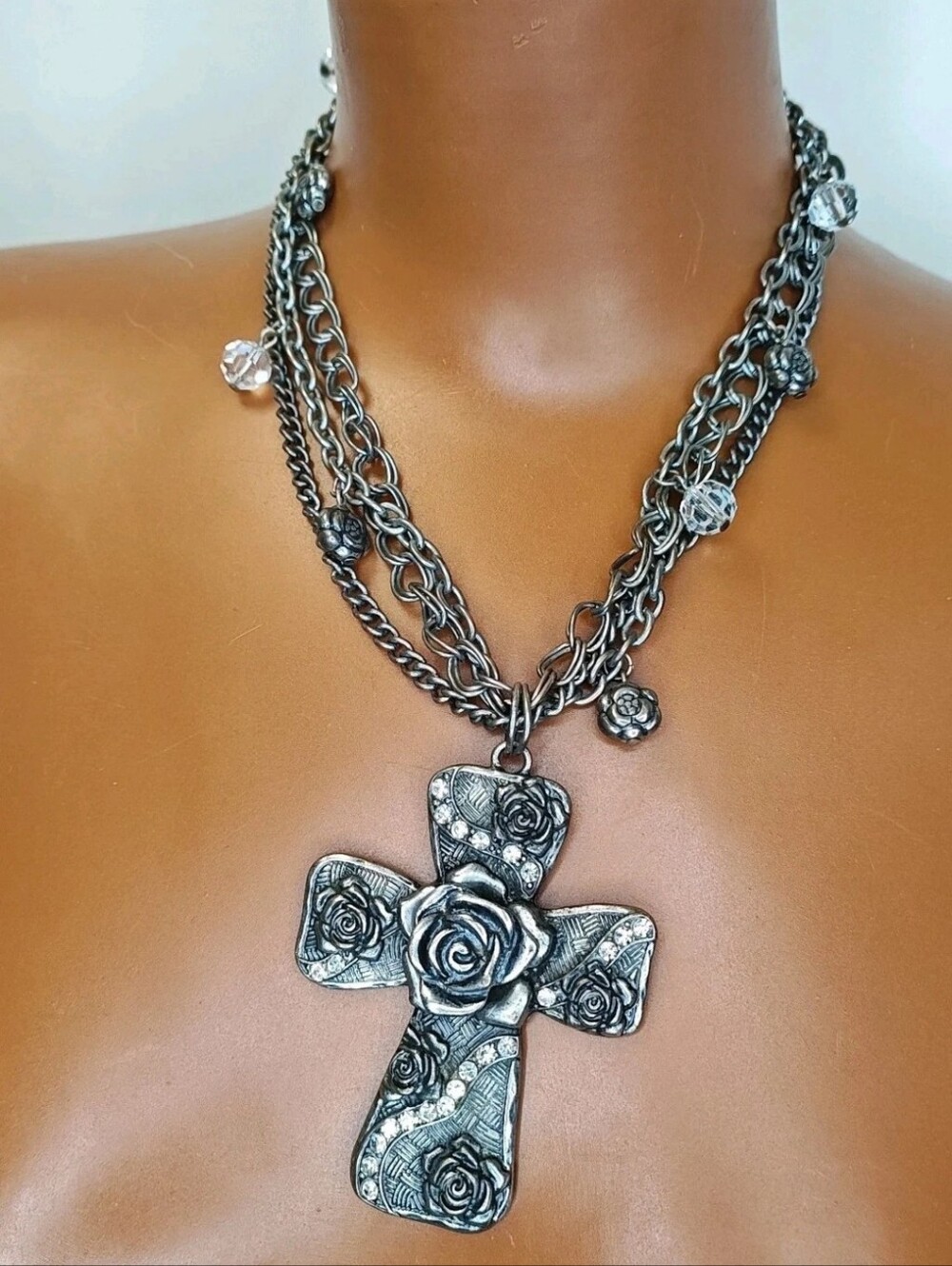 Gothic Hearts Cross Tripe Strand Statement Necklace Silver Tone AB Rhinestones